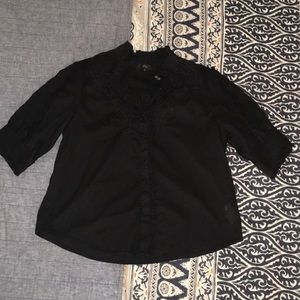 J crew embroidered mock neck ruffle black blouse